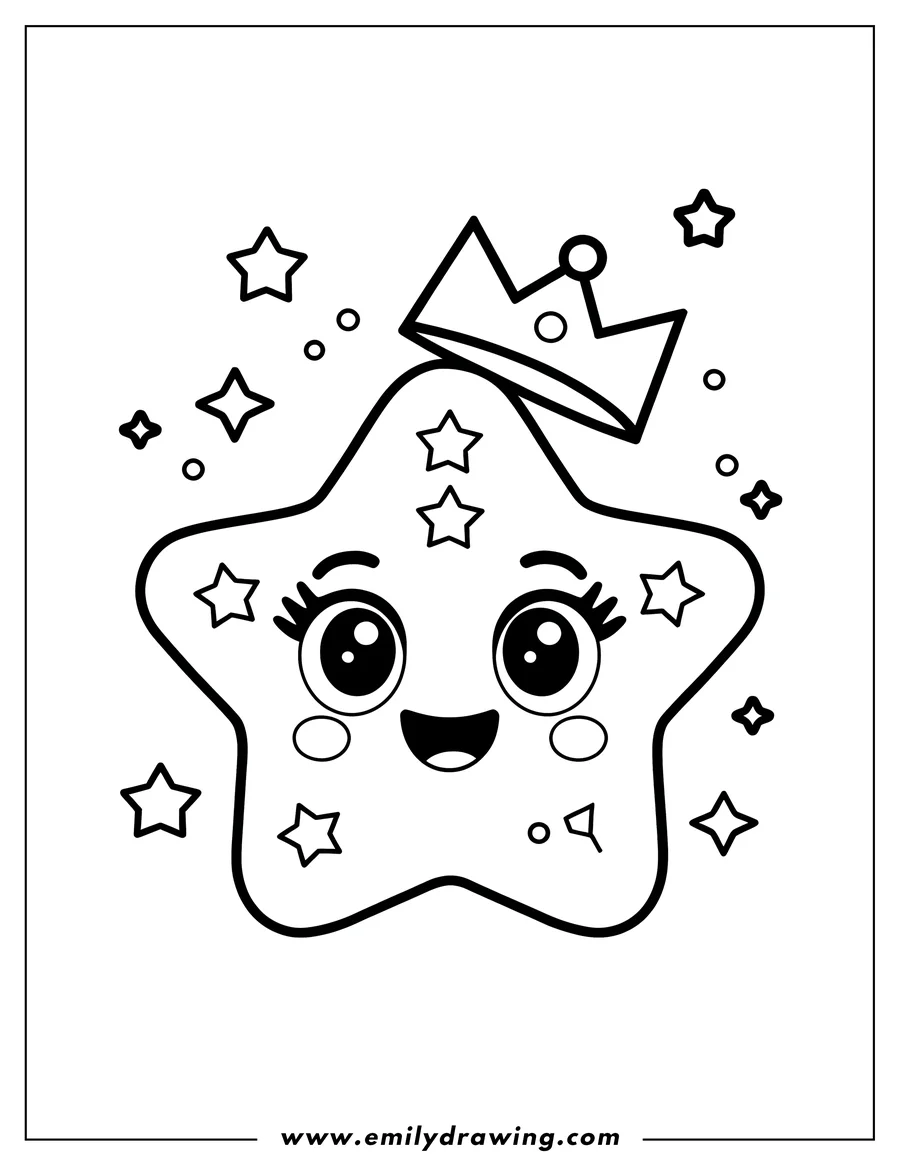 Line art of a smiling star wearing a crown, surrounded by smaller stars.
