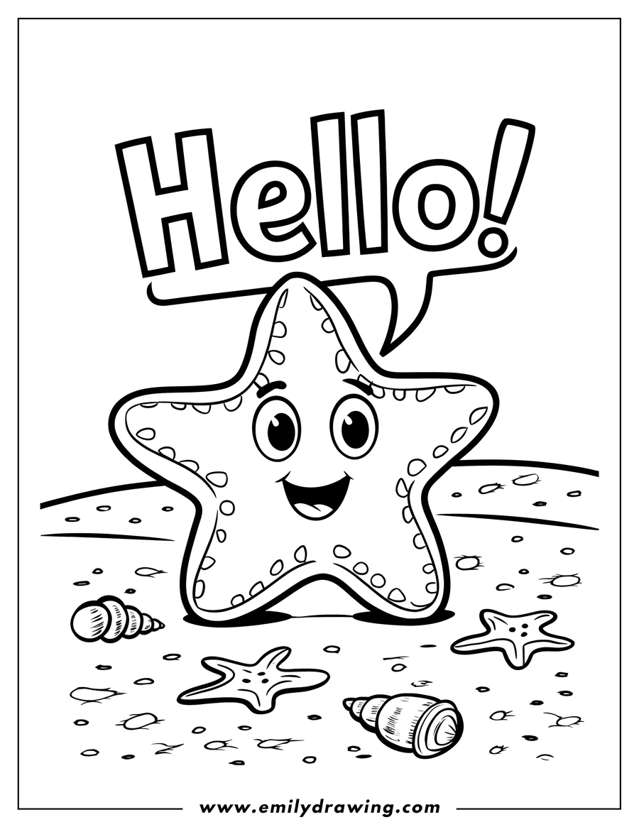 Line art of a friendly starfish on the beach, surrounded by small seashells. The starfish has a cheerful expression and seems to be saying hello.  It's ready to be colored!