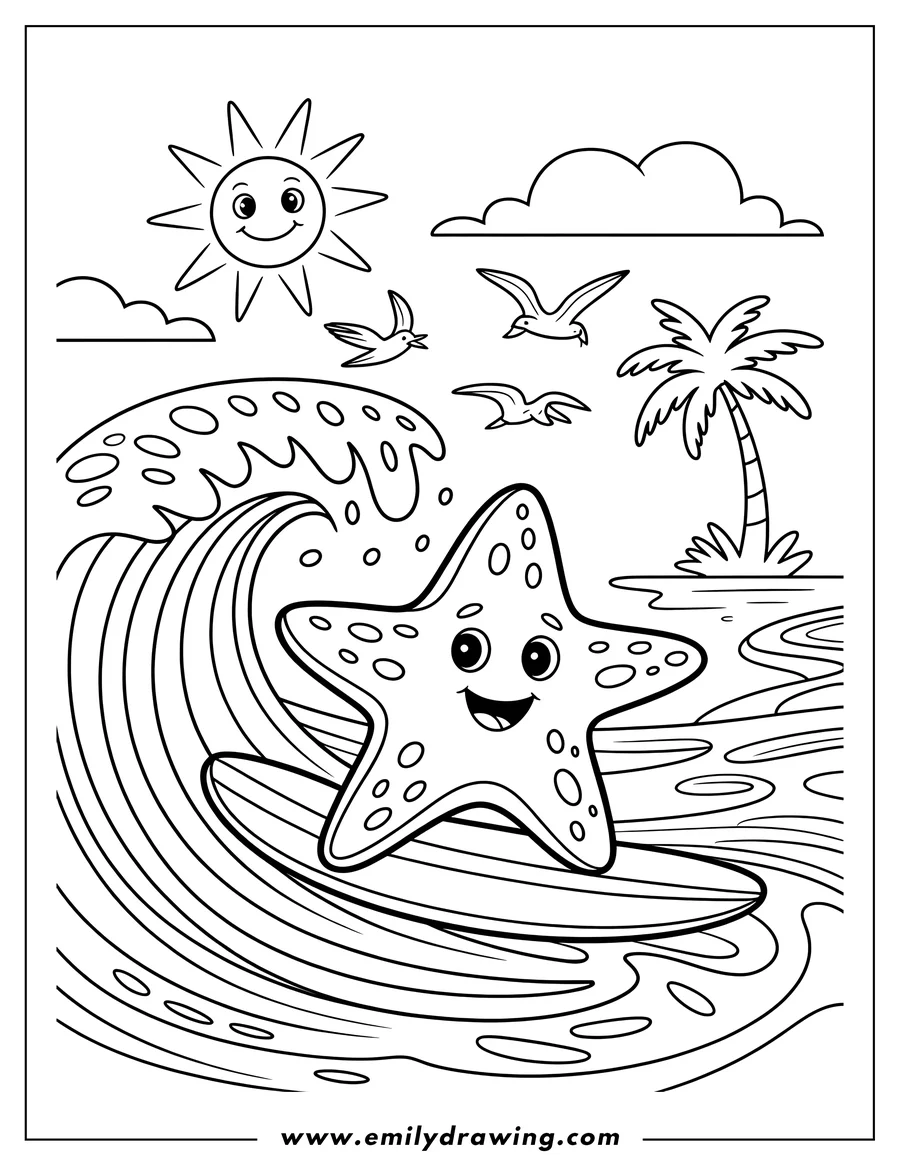 Line art of a smiling starfish surfing a wave near a tropical beach.  A smiling sun, clouds, and birds are in the sky.