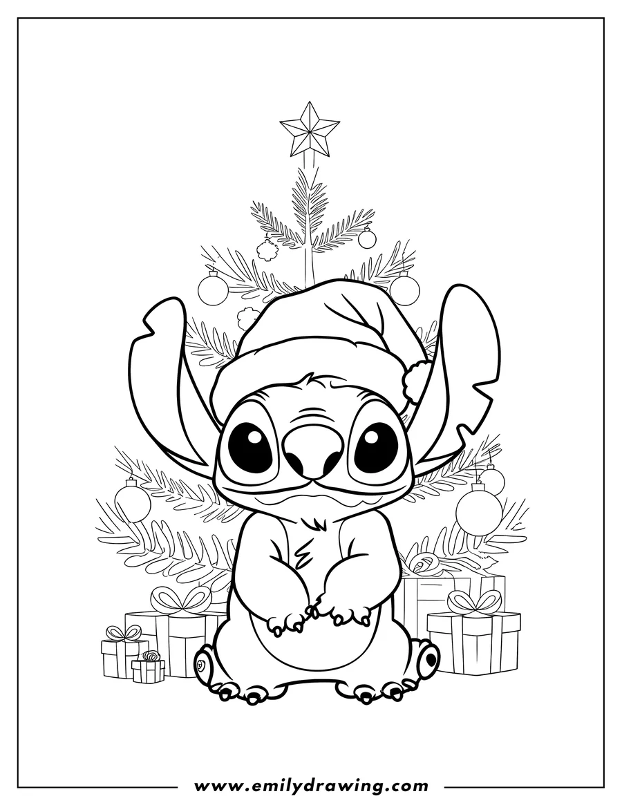 Line art of Stitch wearing a Santa hat, standing in front of a decorated Christmas tree with presents underneath.