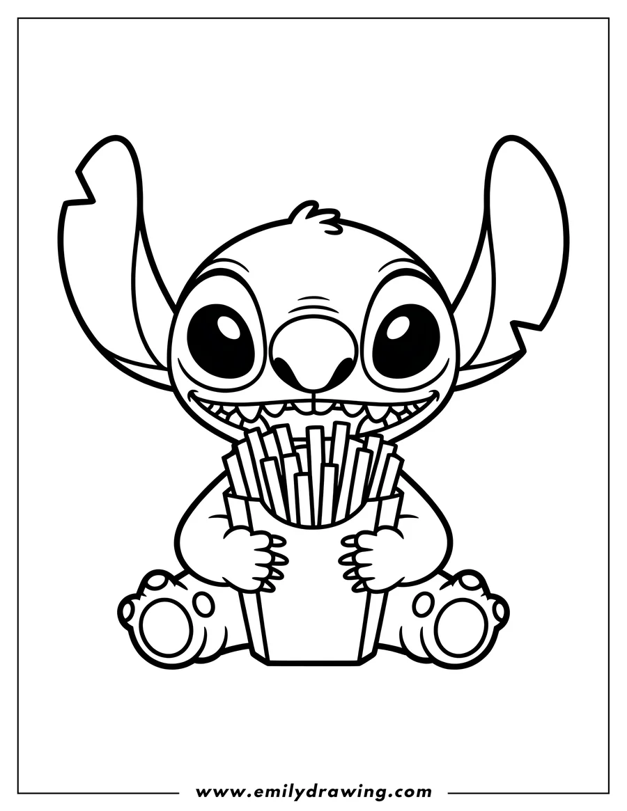 Line art of Stitch happily eating french fries from a carton.