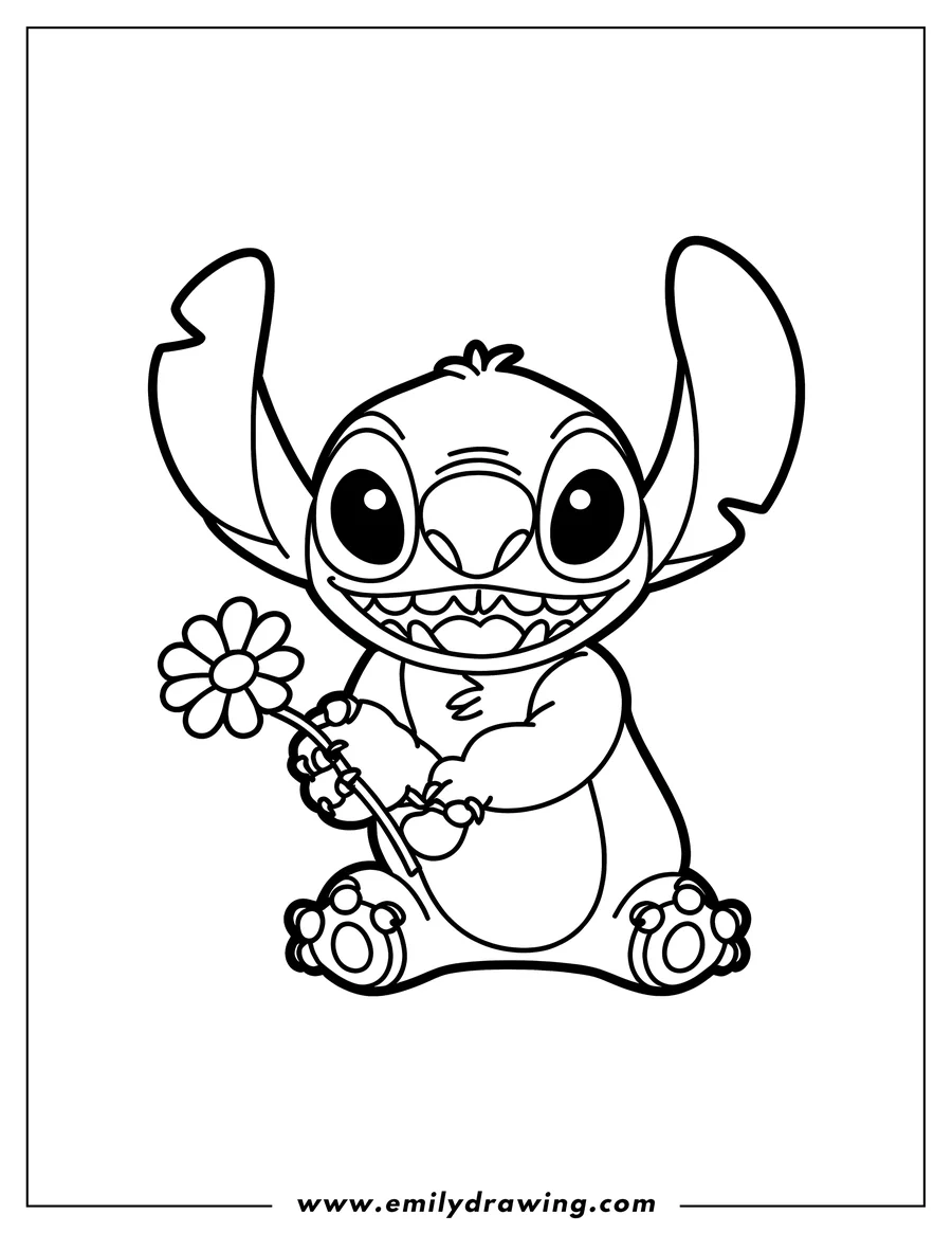 Line art of Stitch from Lilo and Stitch holding a flower with a happy expression.