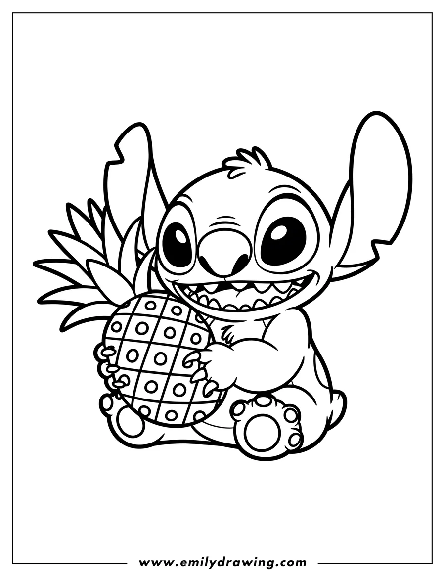 Outline of Stitch from Lilo & Stitch holding a large pineapple