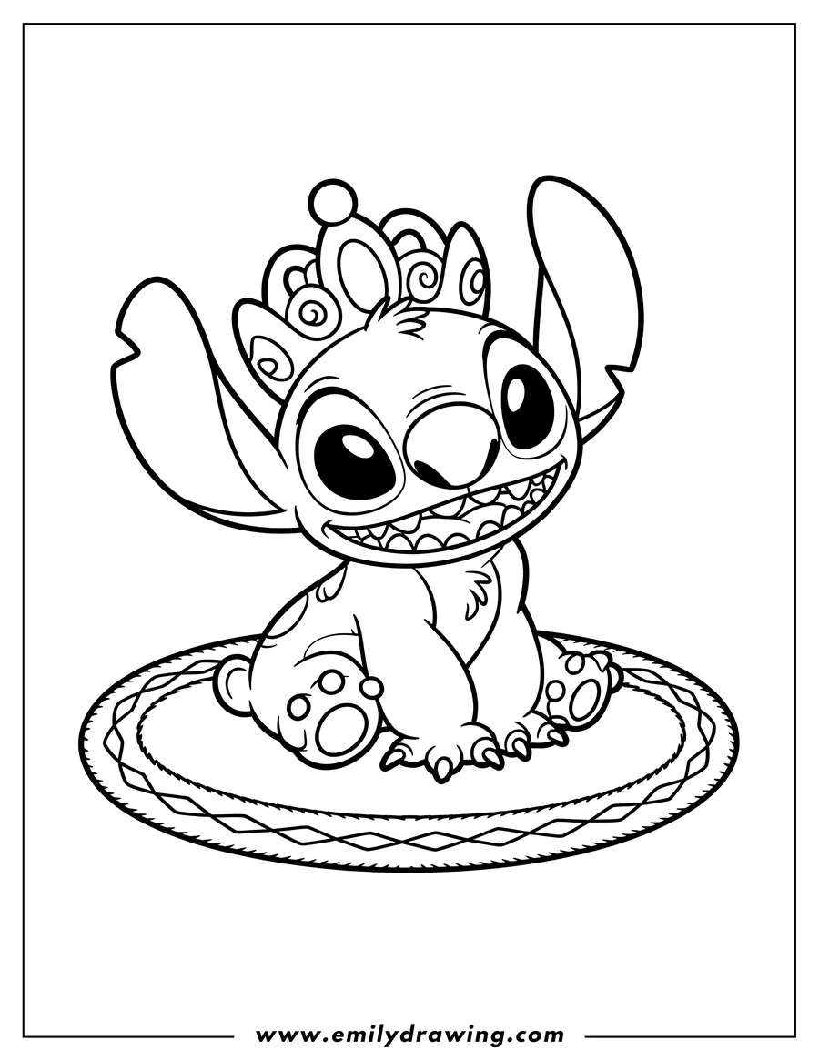 Line art of Stitch, the alien from Lilo & Stitch, sitting and wearing a crown.