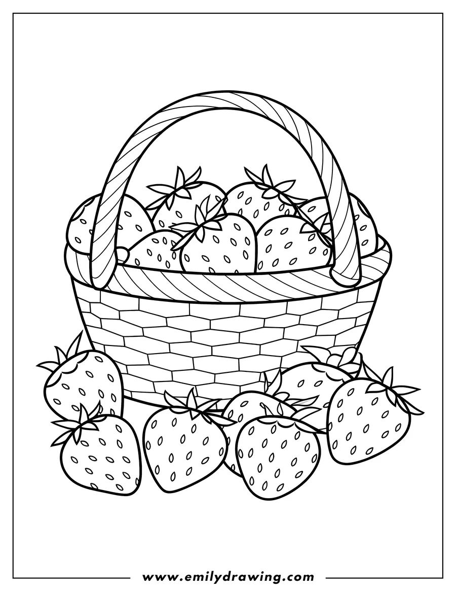 Outline of several strawberries, some in a woven basket and some beside it.