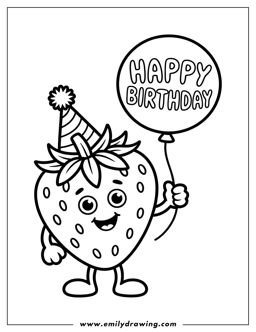 Line art of a smiling strawberry wearing a party hat and holding a balloon that says