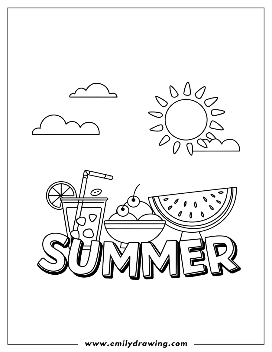 Outline of summer treats including a slice of watermelon, a bowl of ice cream, and a refreshing drink with a lemon slice, beneath a shining sun and fluffy clouds.