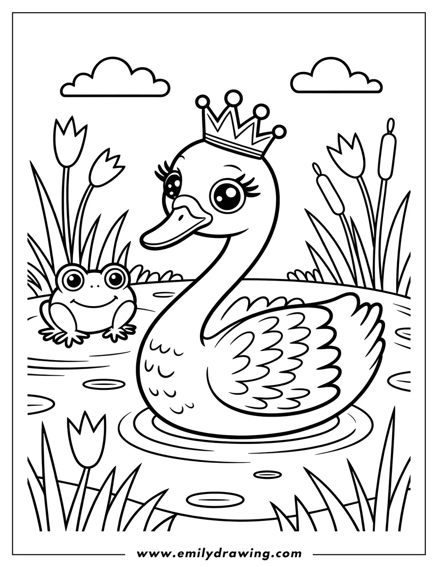 Outline of a swan wearing a crown, floating in a pond with a friendly frog, surrounded by reeds, tulips, and lily pads.