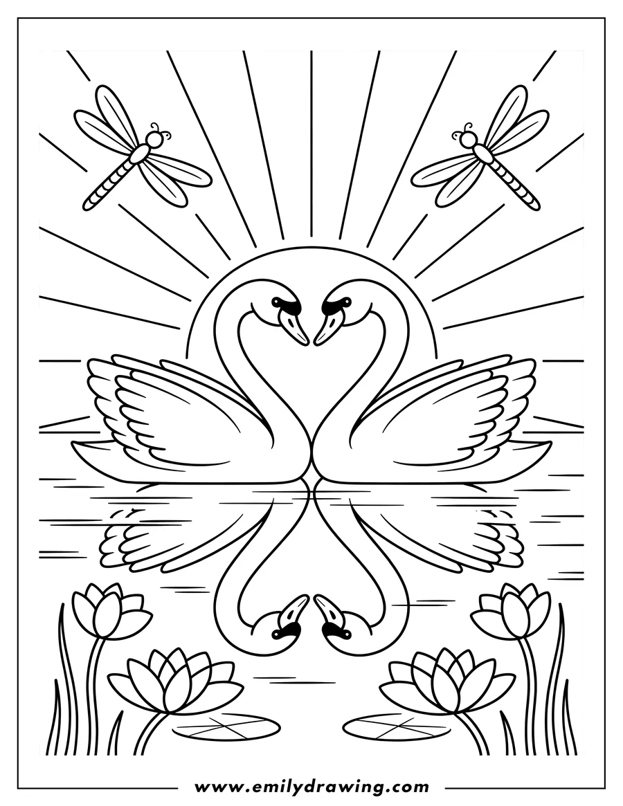 Line art of two swans forming a heart shape with their necks reflected on a pond with dragonflies and water lilies.
