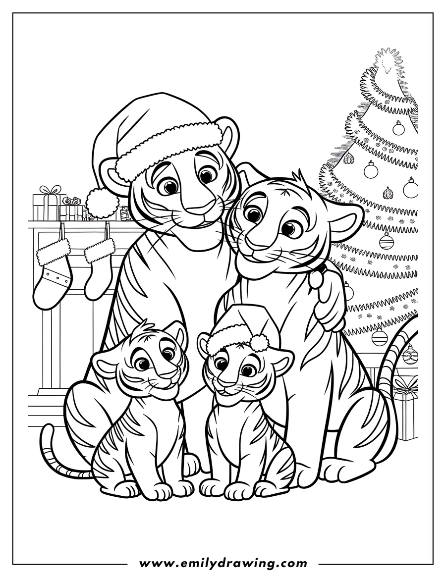 Outline of a tiger family with Santa hats by a decorated Christmas tree with presents and stockings nearby.