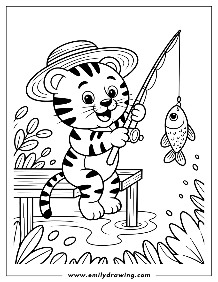 Outline of a tiger wearing a hat and fishing from a small wooden dock. A fish dangles from the fishing line.