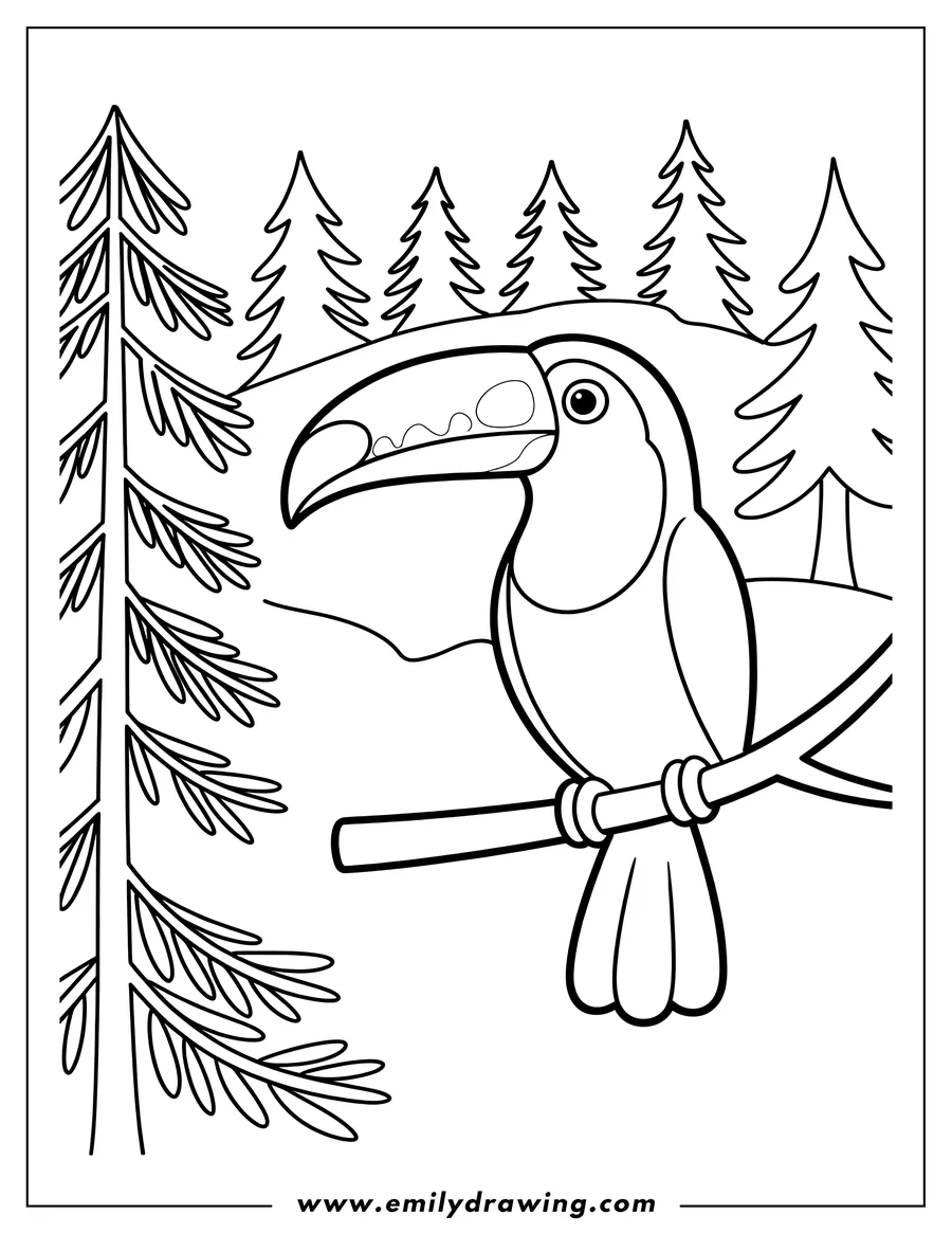 Line art of a toucan perched on a branch in a forest setting.
