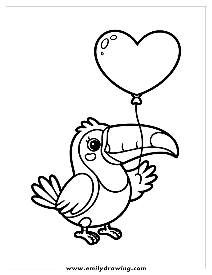 Line art of a toucan holding a heart-shaped balloon.  It looks happy and ready to fly away.