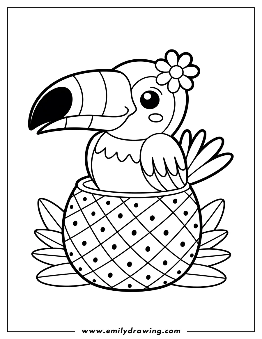 Line art of a toucan sitting in a pineapple.  The toucan has a flower behind its ear.