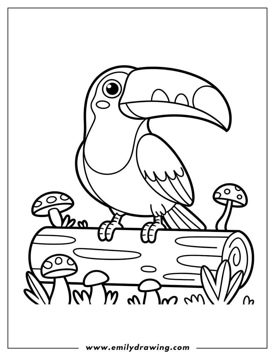 Outline of a toucan perched on a log with mushrooms and grass around it.