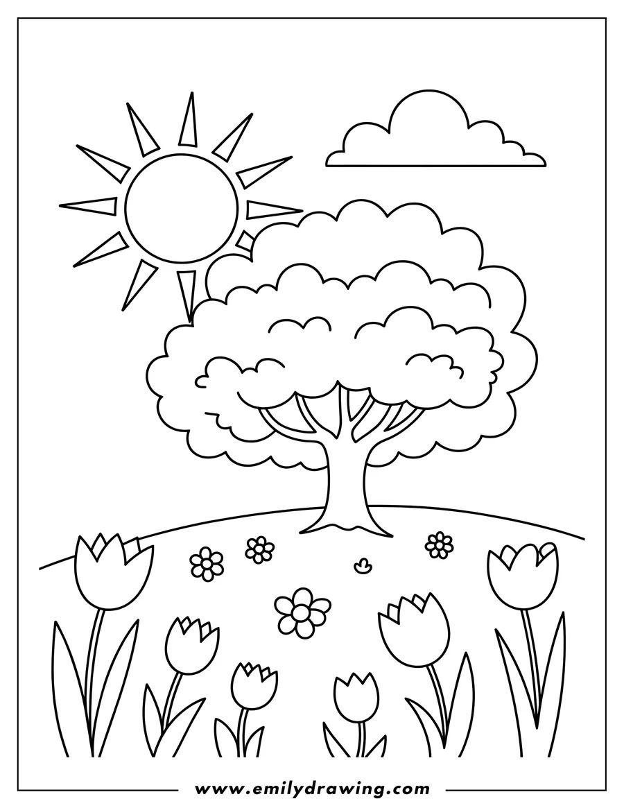 Outline of a tree on a hill surrounded by tulips, with a sun and cloud in the sky.