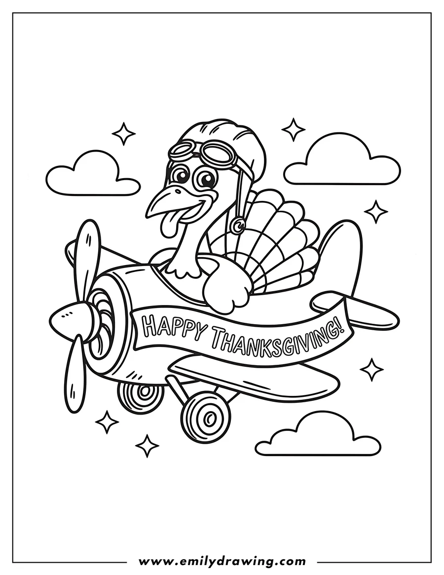 Outline of a cartoon turkey wearing a pilot's helmet and goggles, flying a plane with a 