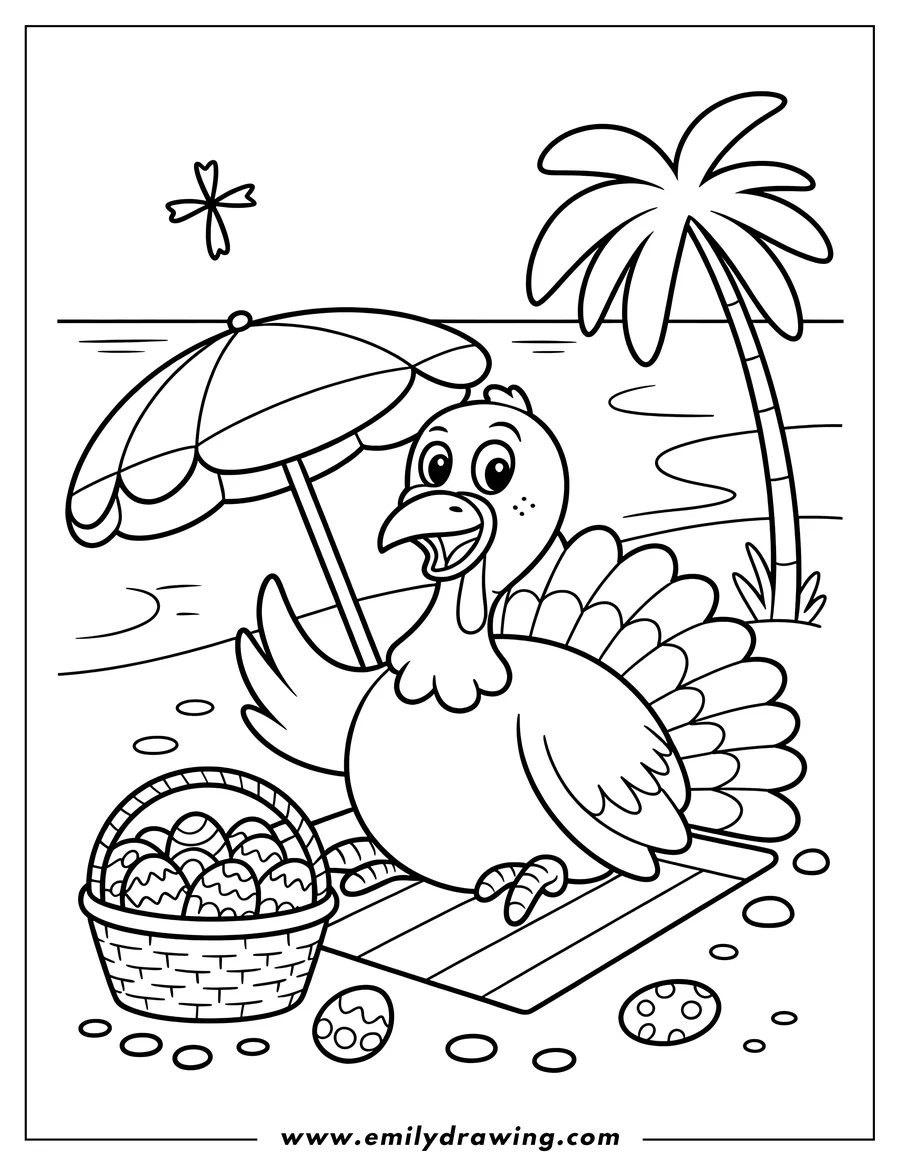 Outline of a turkey sitting on a beach towel under a beach umbrella, next to a basket of decorated eggs, with a palm tree and ocean in the background.