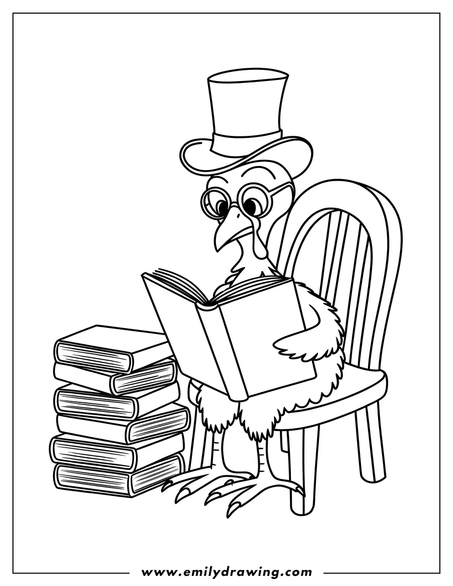 Outline of a turkey wearing a top hat and glasses, sitting in a chair and reading a book.  A stack of books sits on the floor beside the chair.