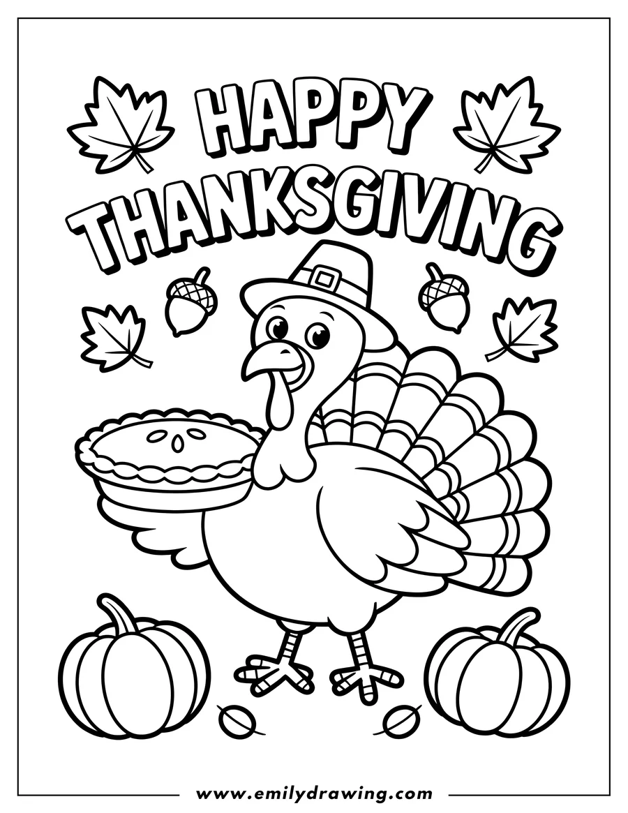 Line art of a Thanksgiving turkey holding a pie. It's wearing a pilgrim's hat.  Pumpkins, acorns, and autumn leaves surround the turkey.