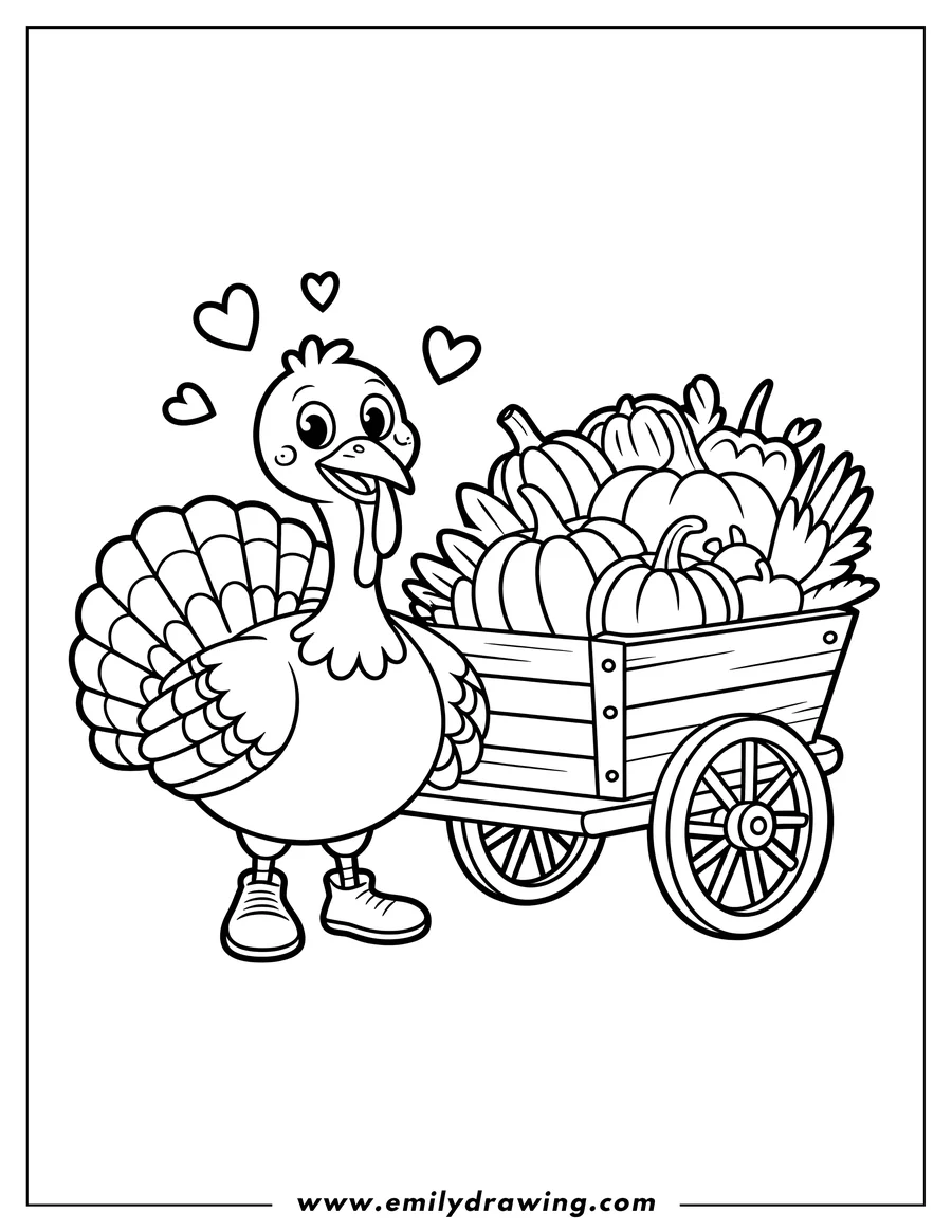 Outline of a cheerful turkey pulling a wagon full of various pumpkins.  Three hearts float above the turkey's head.