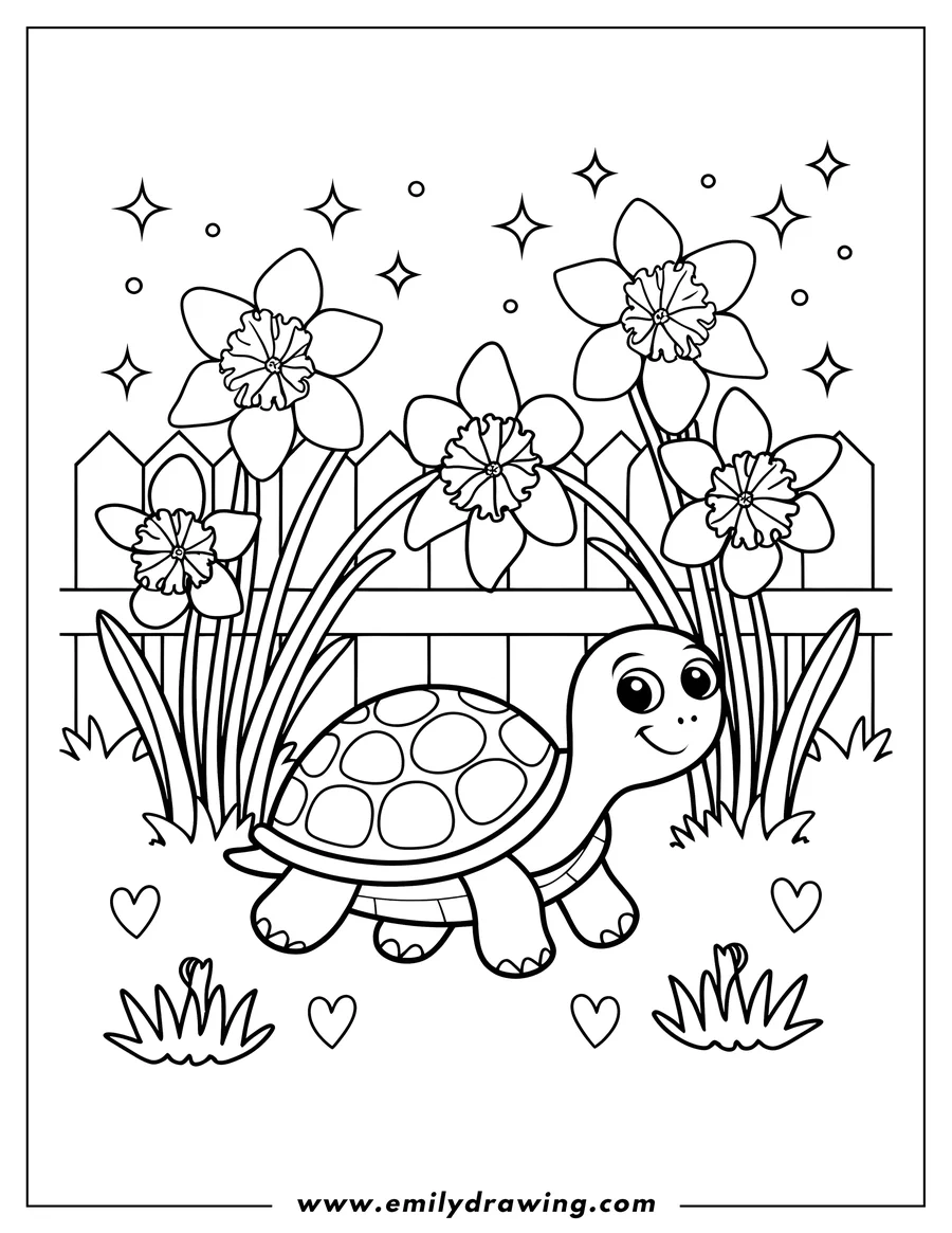 Outline of a turtle walking near a fence and daffodils.  Little hearts and grass are also included.