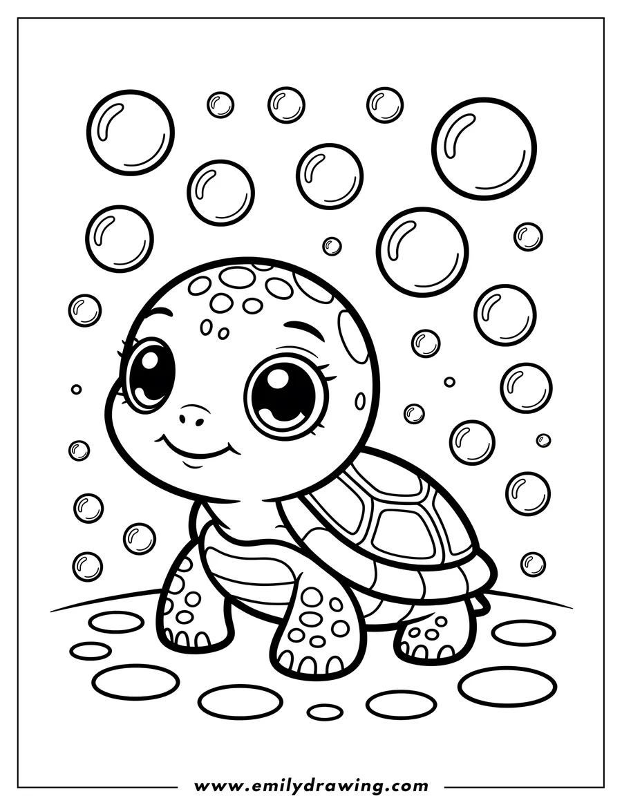 Line art of a cute baby turtle surrounded by bubbles.  The turtle has large, friendly eyes and a patterned shell.  It's standing on a spotted surface.