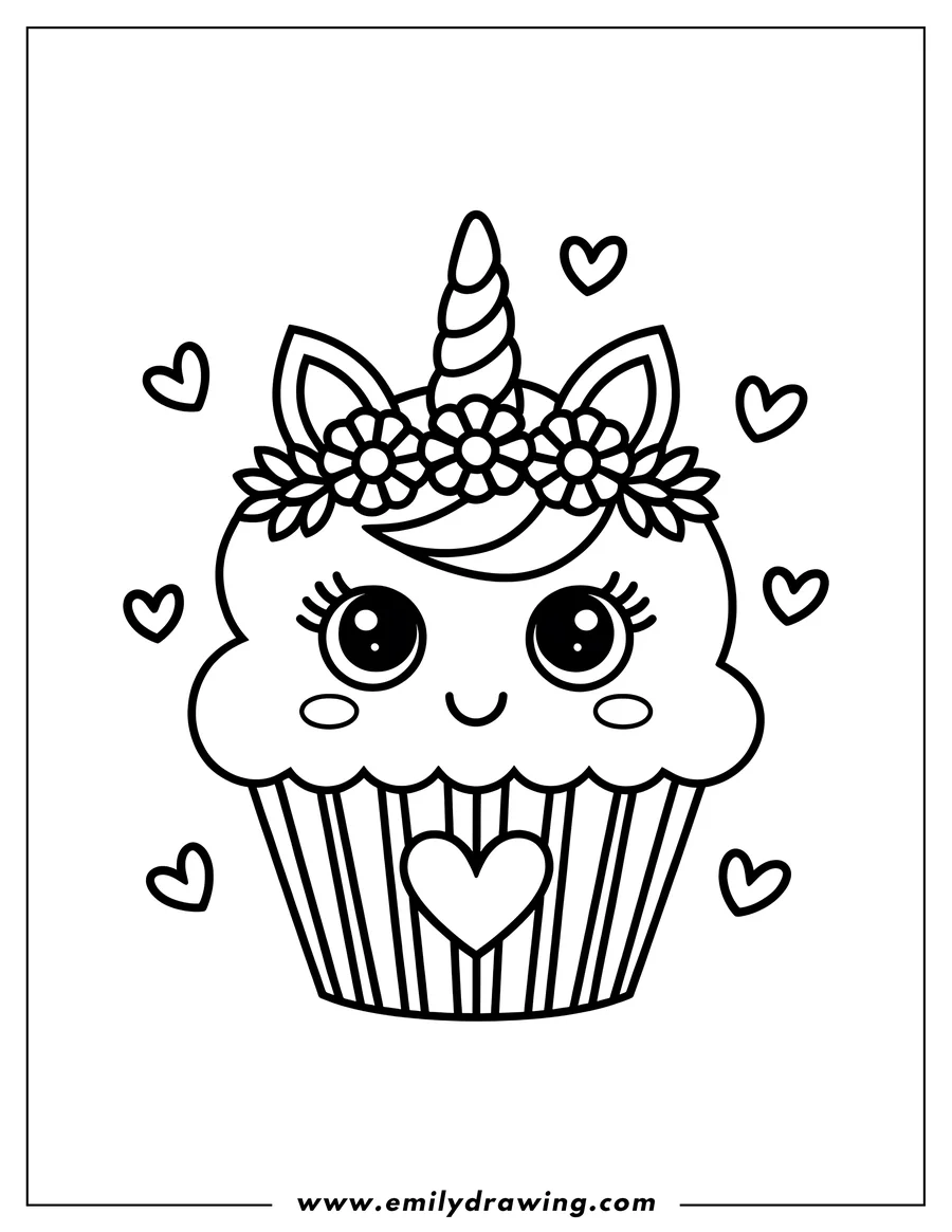 Outline of a unicorn cupcake with a flower crown, a heart on its wrapper, and surrounded by small hearts.