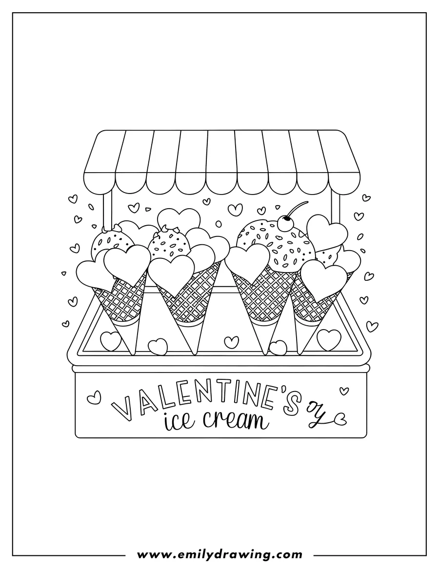 Line art of four Valentine's ice cream cones displayed in a stand. They are decorated with hearts, sprinkles, and a cherry.