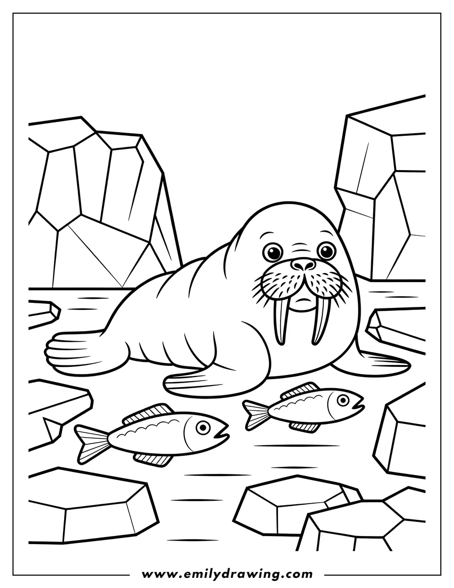 Line art of a walrus with two fish and ice floes.