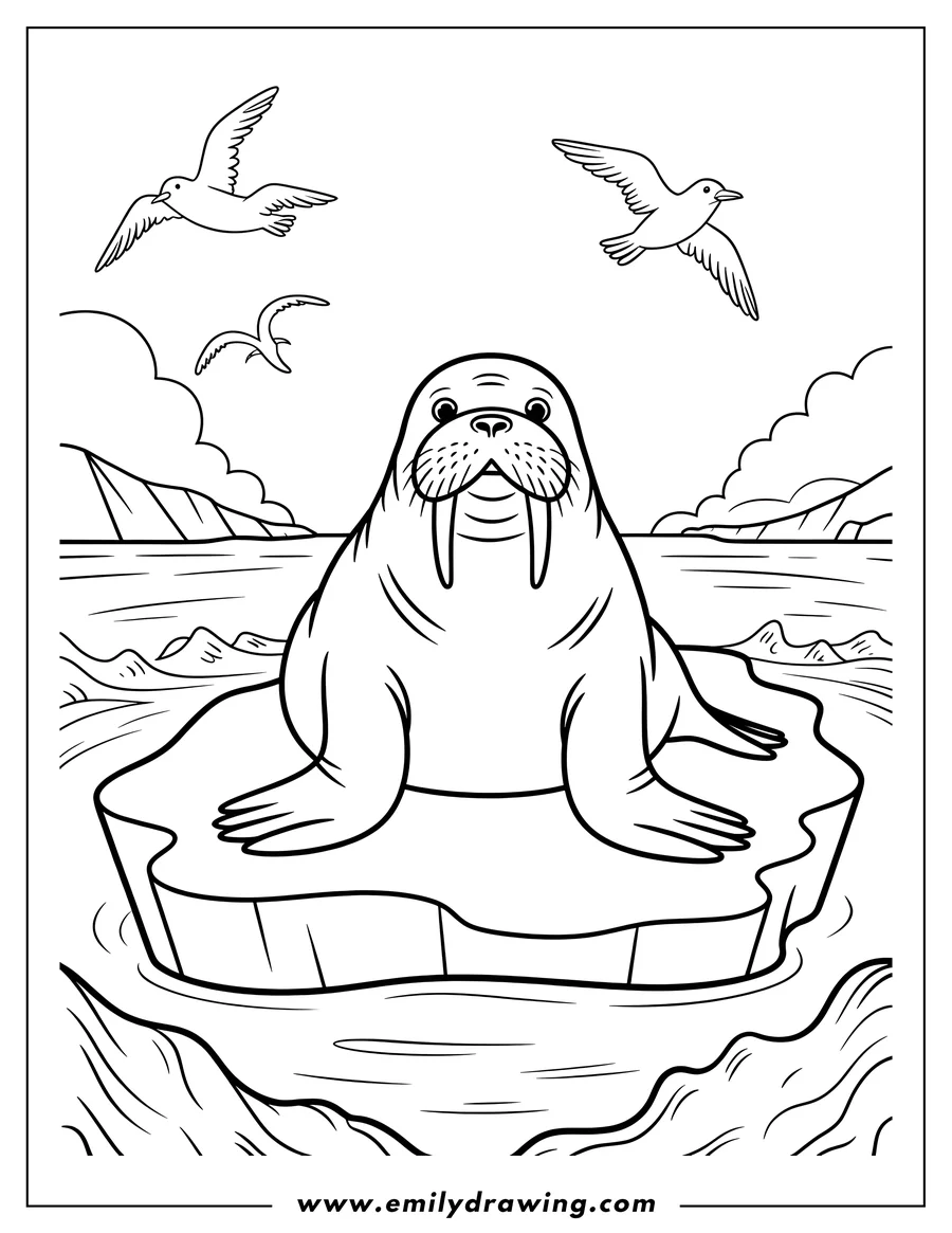 Line art of a walrus resting on a small ice floe in the ocean, with two seagulls flying overhead and distant mountains in the background.