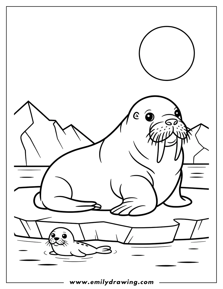 Line art of a walrus resting on an ice floe with a seal in the water below.  Mountains are visible in the background and a large sun or moon overhead.