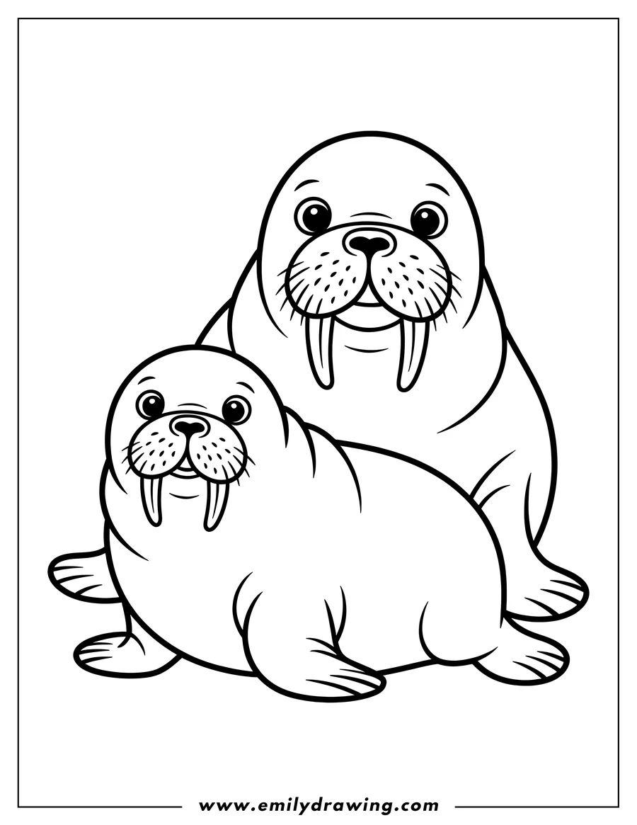 Outline of two walruses, one larger and one smaller, facing forward.