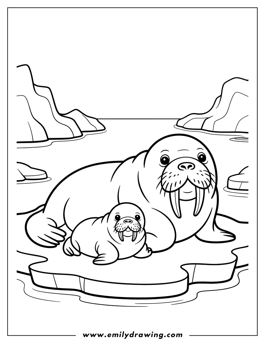 Line art of two walruses, one large and one small, resting on an ice floe in the water.  There are icy mountains in the background.