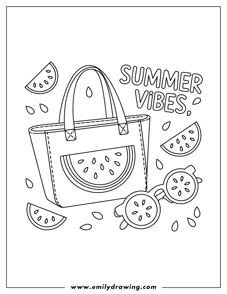Outline of a tote bag with a watermelon slice design, sunglasses, and watermelon slices and seeds.