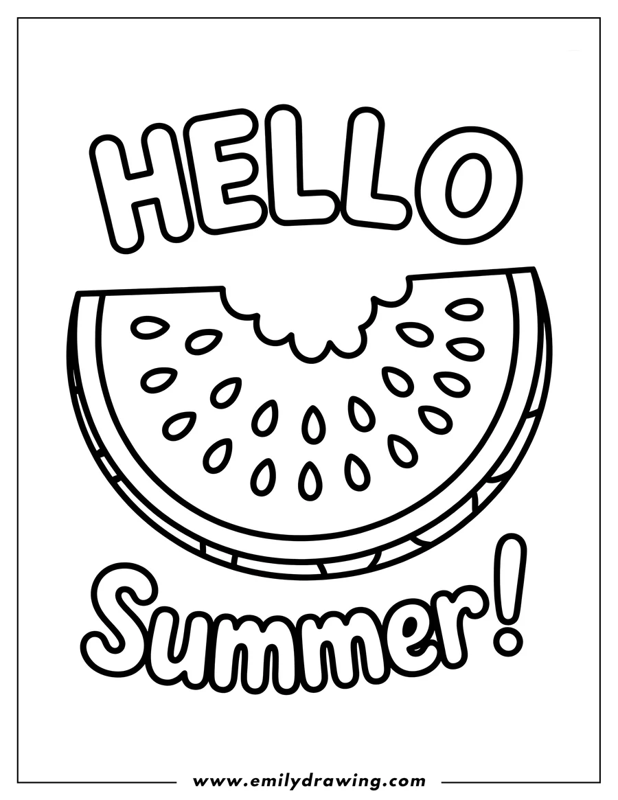 Outline of a watermelon slice with a bite taken out, and the words 