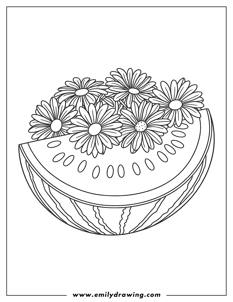 Outline of a slice of watermelon topped with daisies.