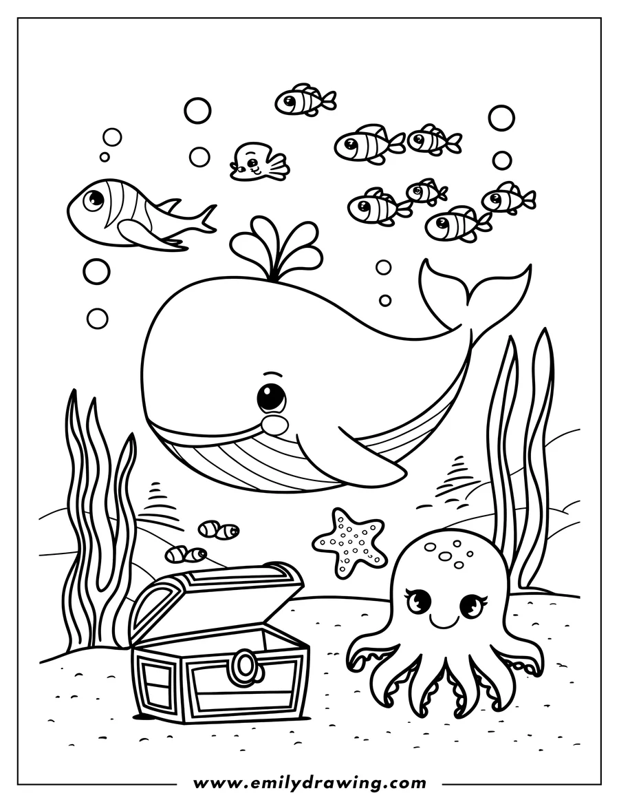 Line art of a whale and an octopus near an open treasure chest on the ocean floor, with small fish swimming around.  Seaweed and a starfish complete the underwater scene.