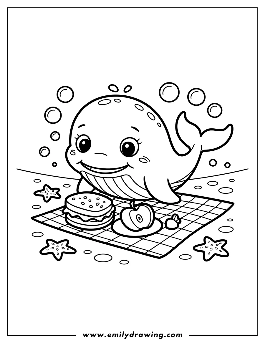 Outline of a cheerful whale enjoying a picnic on a blanket underwater.  There is a burger, a sliced apple, and a starfish nearby.