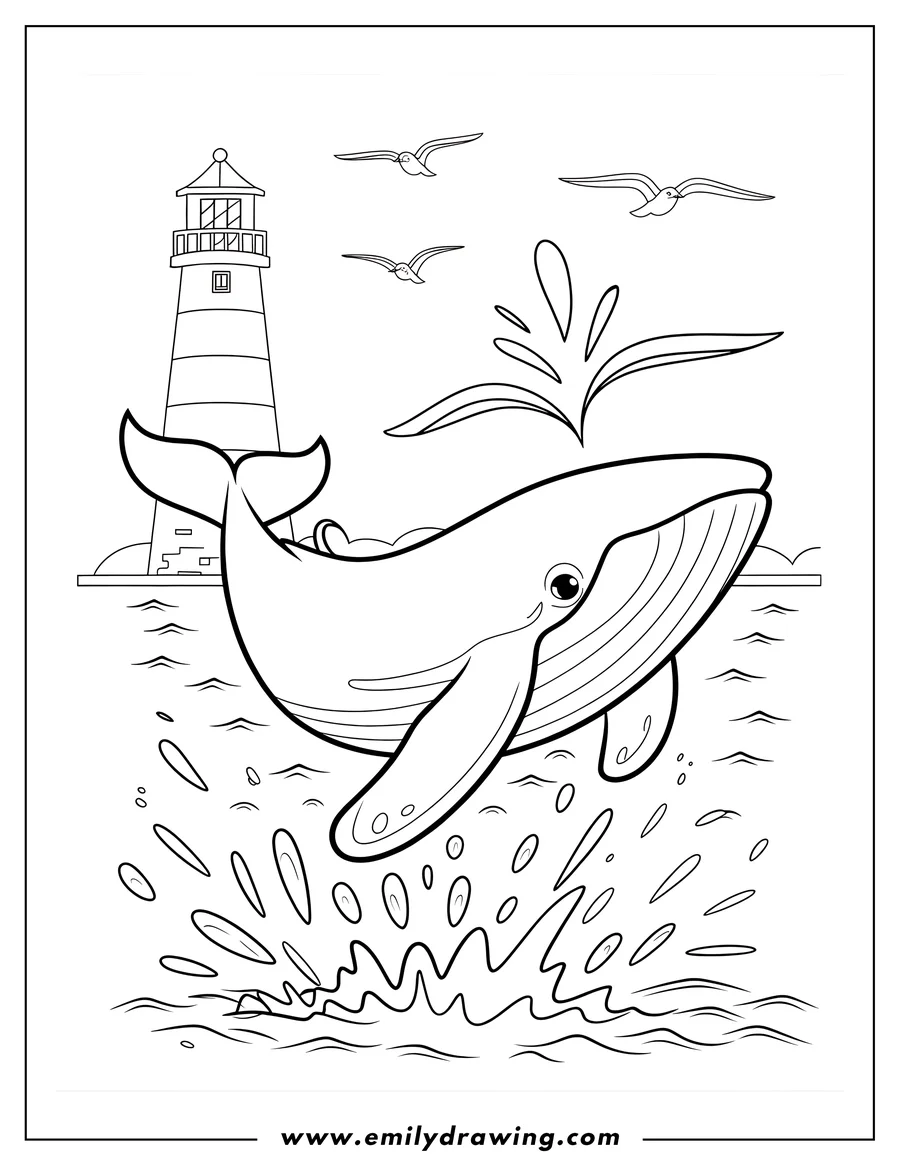 Line art of a playful whale leaping from the ocean near a striped lighthouse.  Seagulls fly overhead.