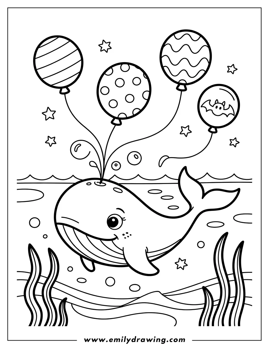 Line art of a whale swimming in the ocean with balloons tied to its back.  One balloon contains a small bat. Seaweed and bubbles are visible.