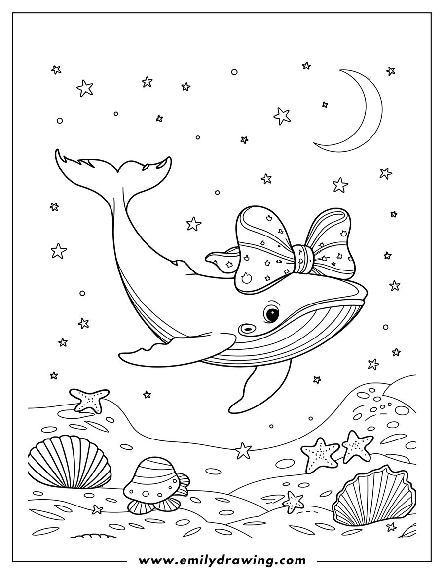 Line art of a whale wearing a bow swimming at night above seashells and starfish on the ocean floor.  A crescent moon and stars are visible in the night sky.