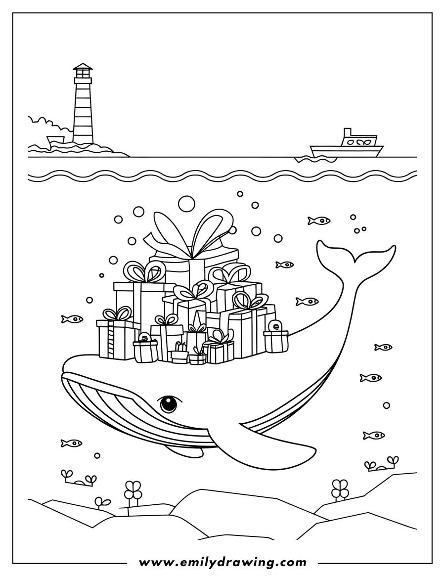 Line art of a whale swimming underwater with a stack of presents on its back.  A lighthouse and boat are visible above the water.