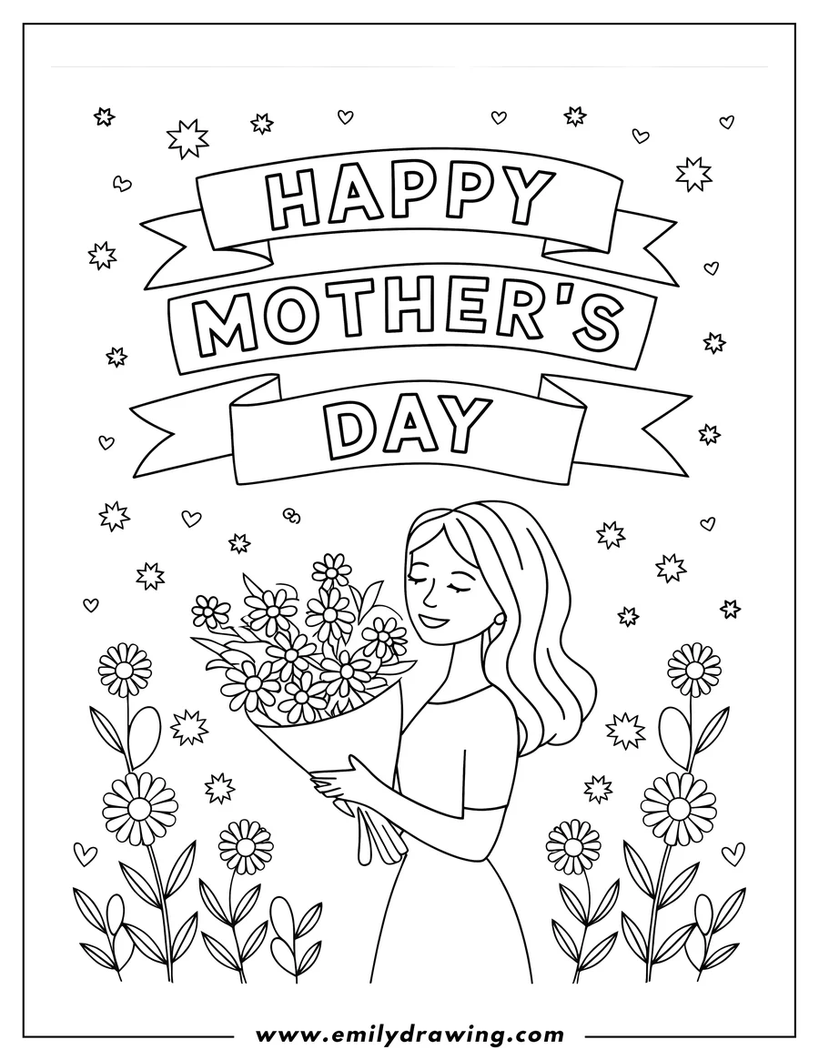 Line art of a woman holding a bouquet of flowers, with a 'Happy Mother's Day' banner above.