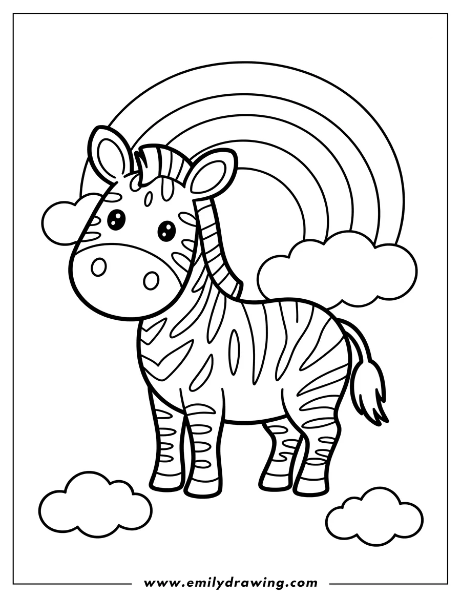 Outline of a zebra standing beneath a rainbow and fluffy clouds.