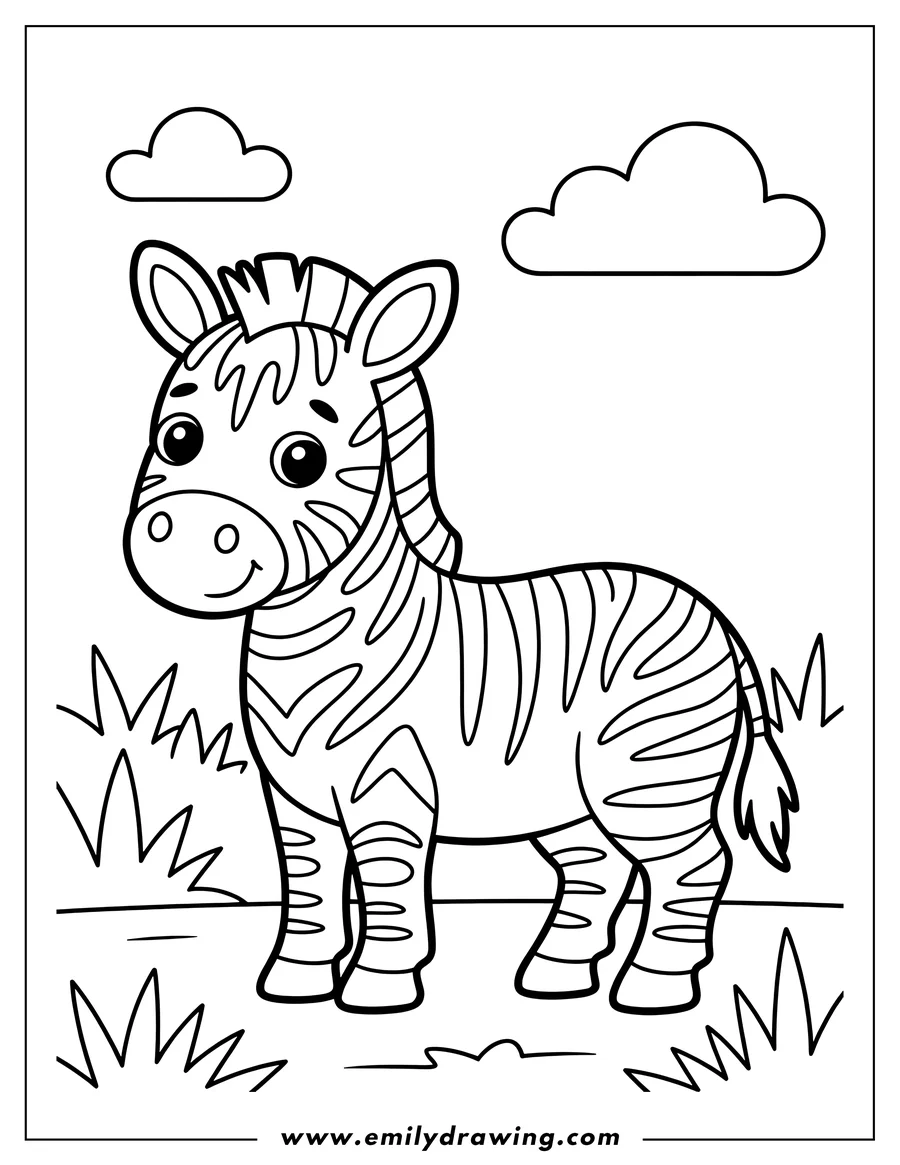 Line art of a zebra with simple background of grass and clouds.