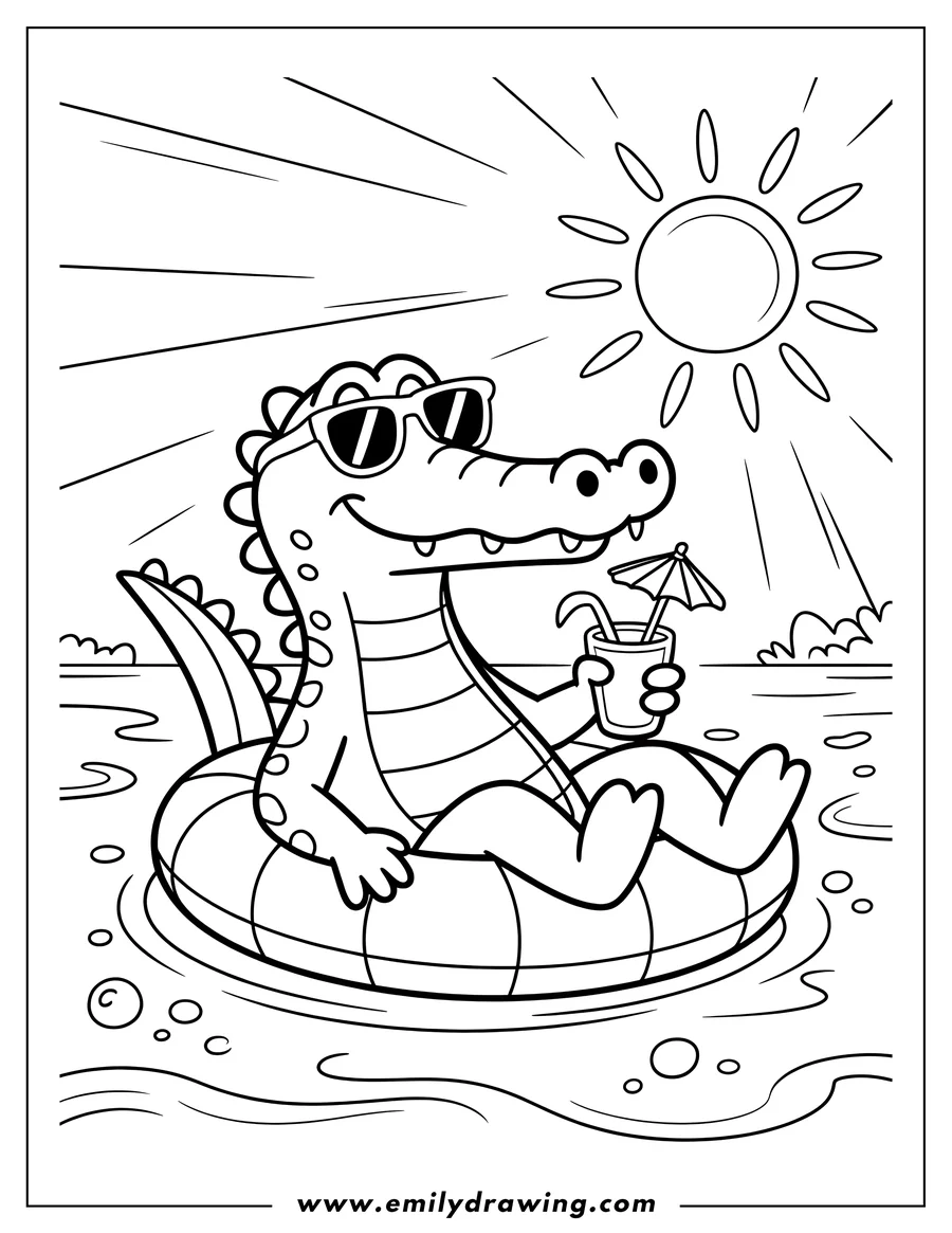 Line art of an alligator wearing sunglasses and relaxing in an inner tube, holding a drink with a small umbrella.  The sun shines brightly overhead.