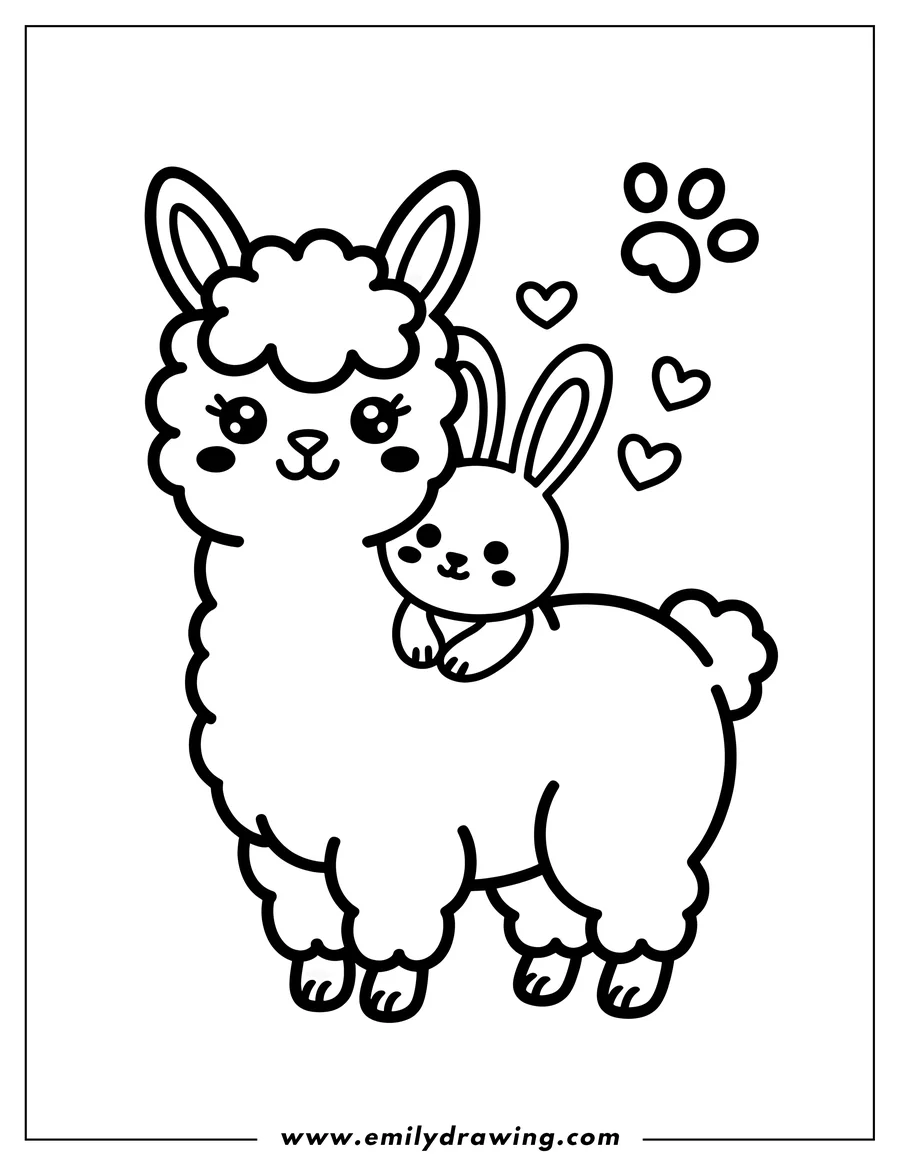 Outline of an alpaca with a bunny riding on its back.  Floating hearts and a paw print decorate the background.