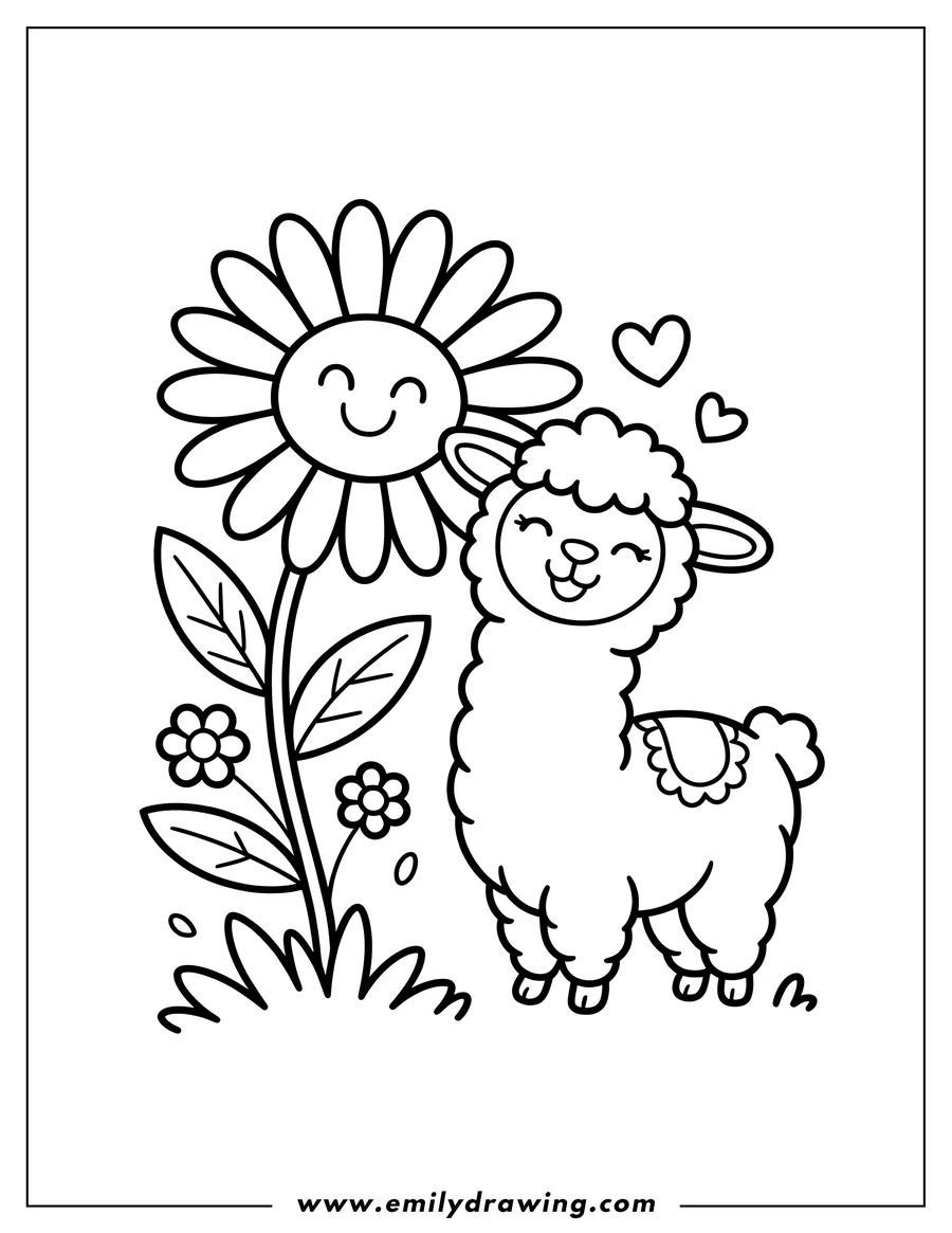 Outline of a fluffy alpaca standing next to a large smiling flower. Smaller flowers and hearts decorate the scene.