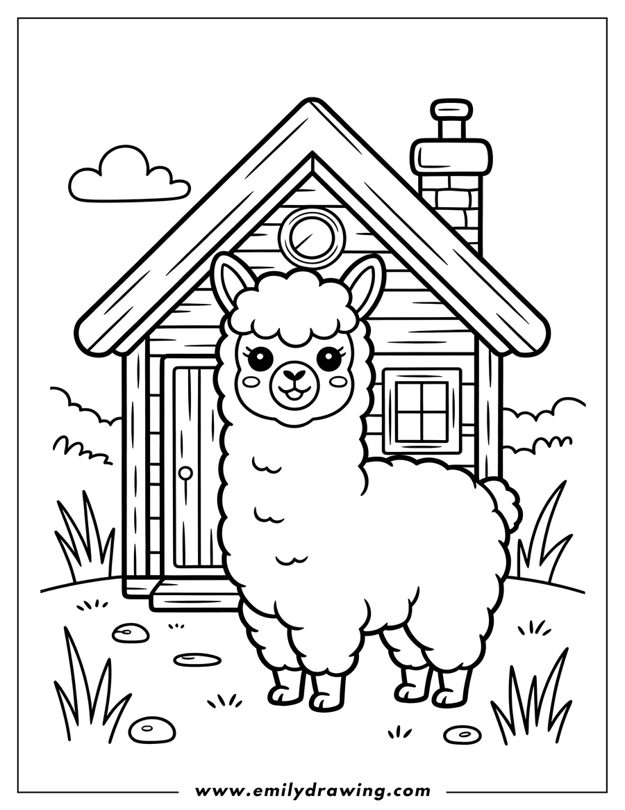 Outline of an alpaca standing in front of a small wooden house with a chimney and window, surrounded by grass and a small cloud overhead.